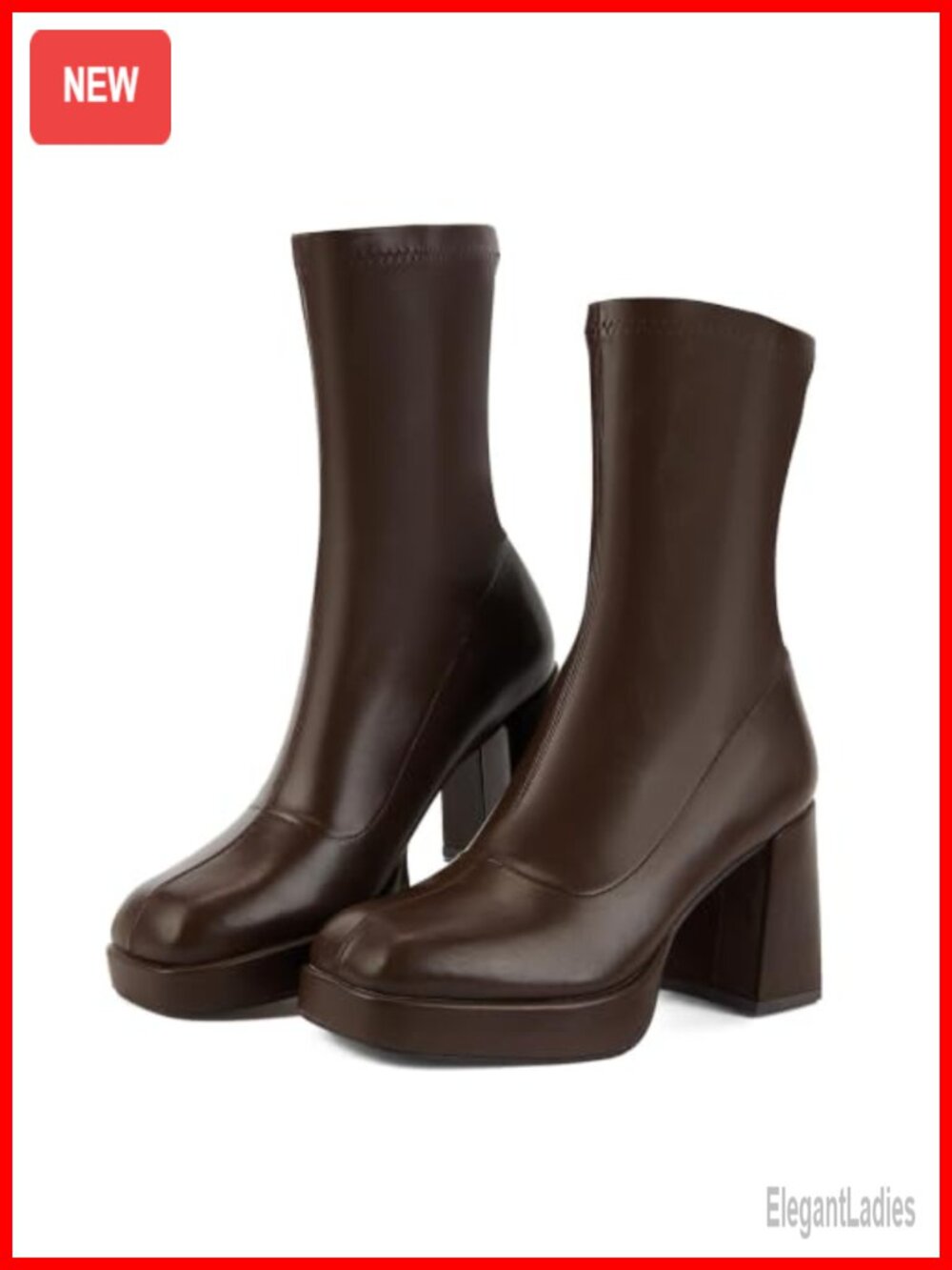 Women's Platform Ankle Boots Square Toe Chunky Heel Faux Leather Mid-Calf